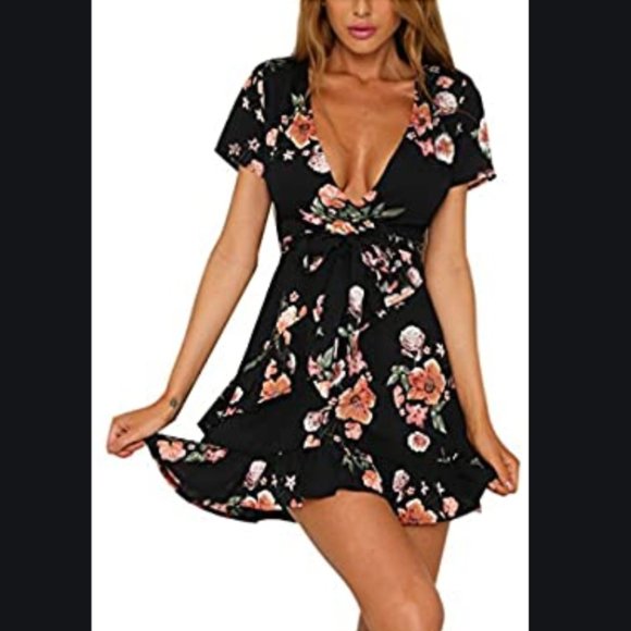 FFLMYUHULIU Dresses & Skirts - Deep V-Neck Floral Print Mini Dress